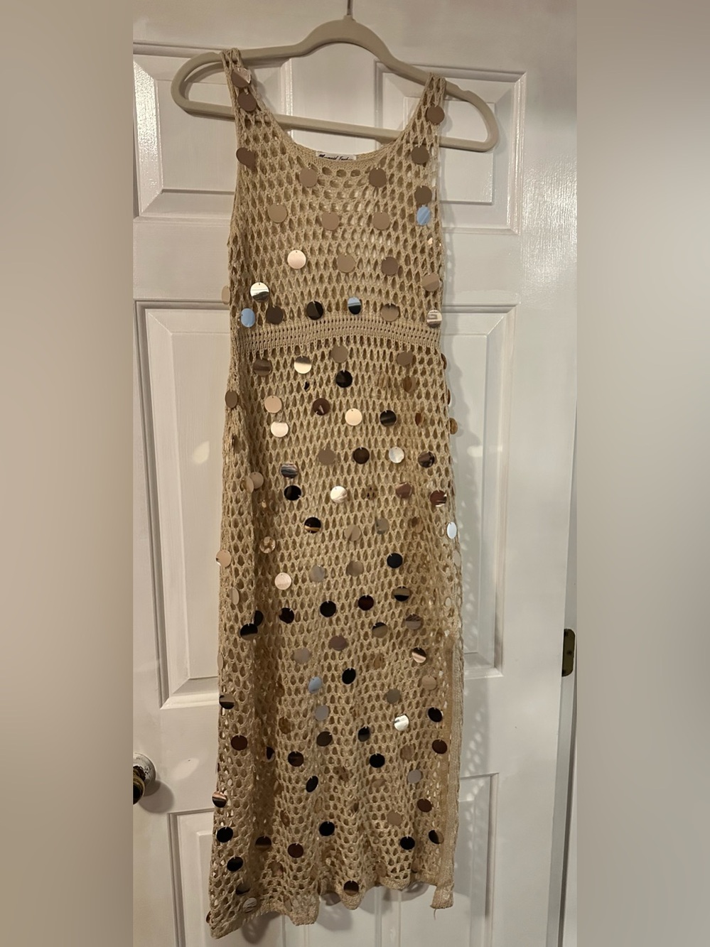 Beige Crocheted Maxi Dress with Metallic Sequin Accents